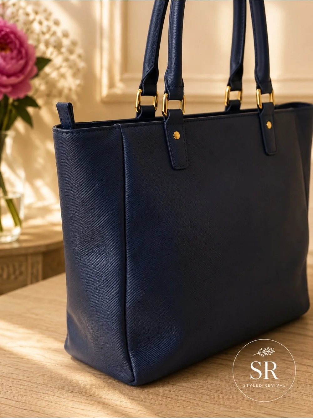 St. John XL Blue Saffiano Leather Work Tote Shopper Bag Gold Logo
